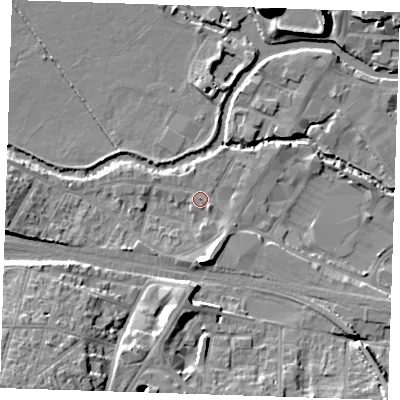 Shaded relief map of the ground around TN91TG, computed from Environment Agency LiDAR. The ground here sits at about 23 m above sea level and falls 18 m across the surrounding 800 m. Surface water reaching this point runs off ground lying to the south-south-east, 0.6 m higher.