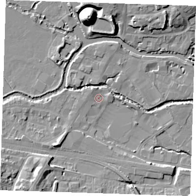 Shaded relief map of the ground around TN91TJ, computed from Environment Agency LiDAR. The ground here sits at about 22 m above sea level and falls 22 m across the surrounding 800 m. Surface water reaching this point runs off ground lying to the north-north-west, 1.2 m higher.