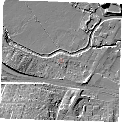 Shaded relief map of the ground around TN91TL, computed from Environment Agency LiDAR. The ground here sits at about 23 m above sea level and falls 21 m across the surrounding 800 m. Surface water reaching this point runs off ground lying to the south-west, 0.6 m higher.