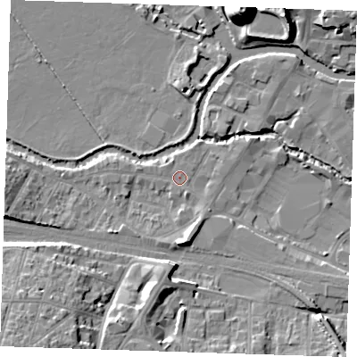Shaded relief map of the ground around TN91TN, computed from Environment Agency LiDAR. The ground here sits at about 23 m above sea level and falls 22 m across the surrounding 800 m. Surface water reaching this point runs off ground lying to the south, 0.6 m higher.