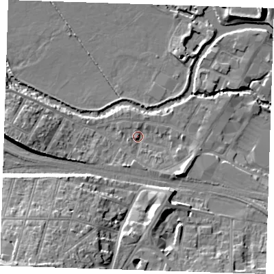 Shaded relief map of the ground around TN91TP, computed from Environment Agency LiDAR. The ground here sits at about 24 m above sea level and falls 18 m across the surrounding 800 m. Surface water reaching this point runs off ground lying to the south-west, 16.4 m higher.