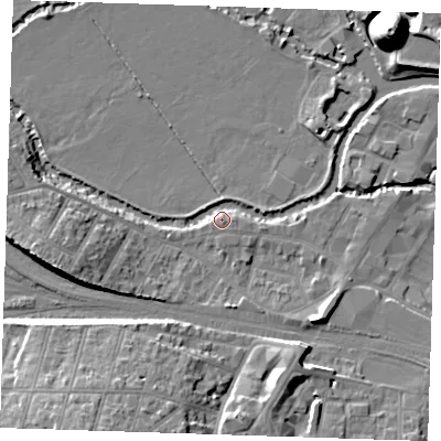 Shaded relief map of the ground around TN91TQ, computed from Environment Agency LiDAR. The ground here sits at about 23 m above sea level and falls 21 m across the surrounding 800 m. Surface water reaching this point runs off ground lying to the south-east, 2.5 m higher.