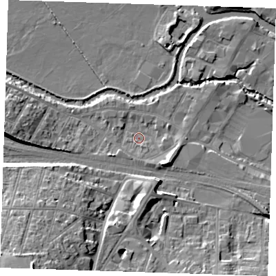 Shaded relief map of the ground around TN91TR, computed from Environment Agency LiDAR. The ground here sits at about 23 m above sea level and falls 20 m across the surrounding 800 m. Surface water reaching this point runs off ground lying to the south-west, 17.5 m higher.