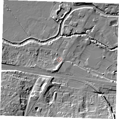 Shaded relief map of the ground around TN91TS, computed from Environment Agency LiDAR. The ground here sits at about 23 m above sea level and falls 19 m across the surrounding 800 m. Surface water reaching this point runs off ground lying to the south-east, 1.8 m higher.
