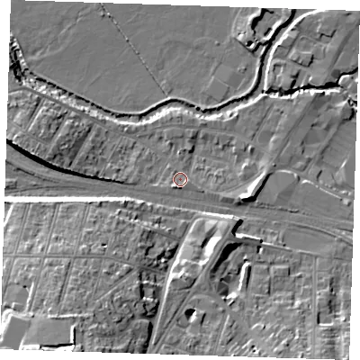 Shaded relief map of the ground around TN91TU, computed from Environment Agency LiDAR. The ground here sits at about 23 m above sea level and falls 20 m across the surrounding 800 m. Surface water reaching this point runs off ground lying to the south-south-west, 17.6 m higher.