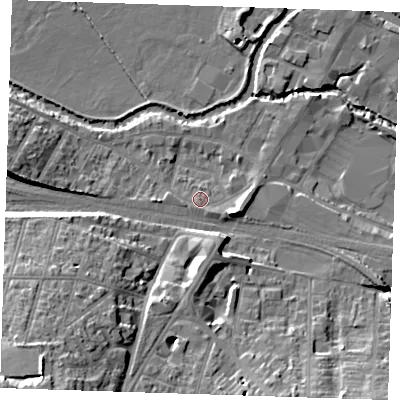 Shaded relief map of the ground around TN91TX, computed from Environment Agency LiDAR. The ground here sits at about 24 m above sea level and falls 20 m across the surrounding 800 m. Surface water reaching this point runs off ground lying to the south-west, 17.4 m higher.