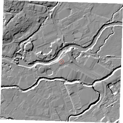 Shaded relief map of the ground around TN91TZ, computed from Environment Agency LiDAR. The ground here sits at about 22 m above sea level and falls 13 m across the surrounding 800 m. Surface water reaching this point runs off ground lying to the west-south-west, 2.3 m higher.