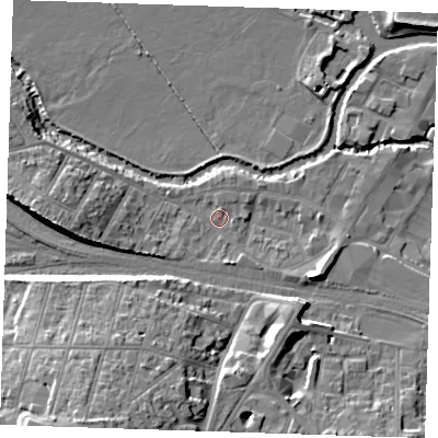 Shaded relief map of the ground around TN91UB, computed from Environment Agency LiDAR. The ground here sits at about 23 m above sea level and falls 18 m across the surrounding 800 m. Surface water reaching this point runs off ground lying to the south-south-west, 16.4 m higher.