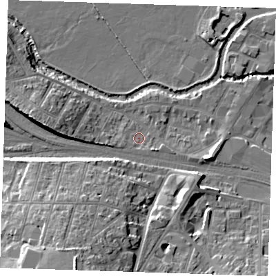 Shaded relief map of the ground around TN91UD, computed from Environment Agency LiDAR. The ground here sits at about 23 m above sea level and falls 20 m across the surrounding 800 m. Surface water reaching this point runs off ground lying to the west-south-west, 1.9 m higher.