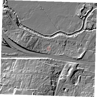 Shaded relief map of the ground around TN91UE, computed from Environment Agency LiDAR. The ground here sits at about 23 m above sea level and falls 20 m across the surrounding 800 m. Surface water reaching this point runs off ground lying to the west-south-west, 3.3 m higher.