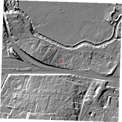 Shaded relief map of the ground around TN91UH, computed from Environment Agency LiDAR. The ground here sits at about 25 m above sea level and falls 20 m across the surrounding 800 m. Surface water reaching this point runs off ground lying to the west-south-west, 3.7 m higher.