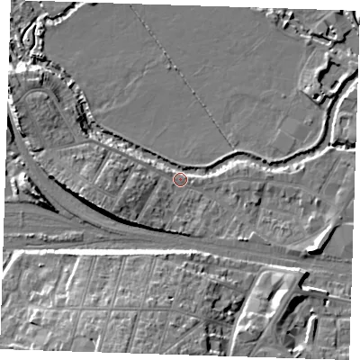 Shaded relief map of the ground around TN91UJ, computed from Environment Agency LiDAR. The ground here sits at about 23 m above sea level and falls 17 m across the surrounding 800 m. Surface water reaching this point runs off ground lying to the west-north-west, 9.7 m higher.