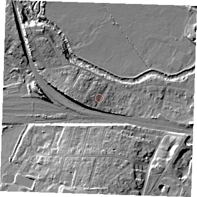 Shaded relief map of the ground around TN91UL, computed from Environment Agency LiDAR. The ground here sits at about 27 m above sea level and falls 18 m across the surrounding 800 m. Surface water reaching this point runs off ground lying to the west-south-west, 4.6 m higher.