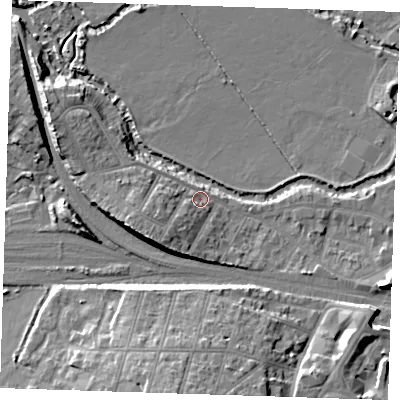 Shaded relief map of the ground around TN91UN, computed from Environment Agency LiDAR. The ground here sits at about 25 m above sea level and falls 16 m across the surrounding 800 m. Surface water reaching this point runs off ground lying to the south-west, 7.7 m higher.