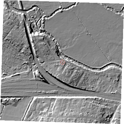 Shaded relief map of the ground around TN91UU, computed from Environment Agency LiDAR. The ground here sits at about 28 m above sea level and falls 15 m across the surrounding 800 m. Surface water reaching this point runs off ground lying to the south, 3.6 m higher.