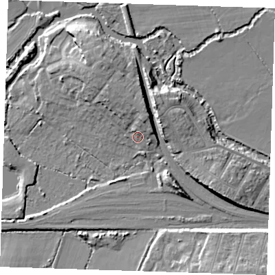 Shaded relief map of the ground around TN91XL, computed from Environment Agency LiDAR. The ground here sits at about 26 m above sea level and falls 13 m across the surrounding 800 m. Surface water reaching this point runs off ground lying to the north-north-east, 5.3 m higher.