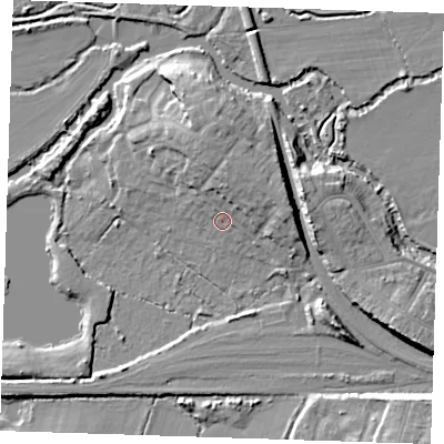 Shaded relief map of the ground around TN91XN, computed from Environment Agency LiDAR. The ground here sits at about 25 m above sea level and falls 11 m across the surrounding 800 m. Surface water reaching this point runs off ground lying to the north, 6.3 m higher.