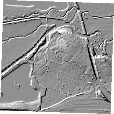 Shaded relief map of the ground around TN91XU, computed from Environment Agency LiDAR. The ground here sits at about 25 m above sea level and falls 11 m across the surrounding 800 m. Surface water reaching this point runs off ground lying to the north-east, 6.6 m higher.