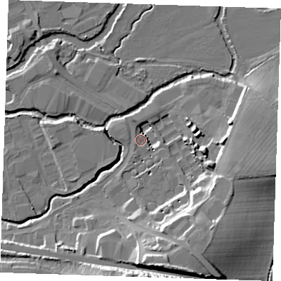Shaded relief map of the ground around TN91XX, computed from Environment Agency LiDAR. The ground here sits at about 22 m above sea level and falls 22 m across the surrounding 800 m. Surface water reaching this point runs off ground lying to the south-south-east, 19.1 m higher.