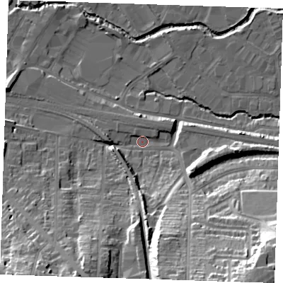Shaded relief map of the ground around TN92AF, computed from Environment Agency LiDAR. The ground here sits at about 23 m above sea level and falls 34 m across the surrounding 800 m. Surface water reaching this point runs off ground lying to the south-south-east, 26.0 m higher.