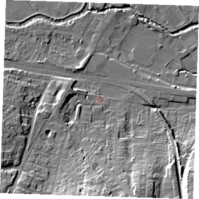 Shaded relief map of the ground around TN92AQ, computed from Environment Agency LiDAR. The ground here sits at about 25 m above sea level and falls 28 m across the surrounding 800 m. Surface water reaching this point runs off ground lying to the south, 18.4 m higher.