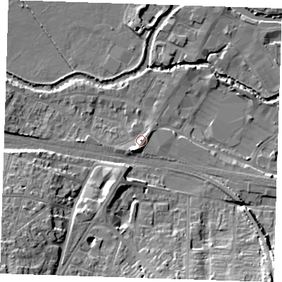Shaded relief map of the ground around TN92FJ, computed from Environment Agency LiDAR. The ground here sits at about 26 m above sea level and falls 21 m across the surrounding 800 m. Surface water reaching this point runs off ground lying to the south-south-west, 4.3 m higher.