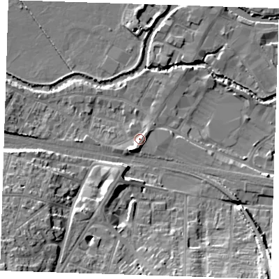 Shaded relief map of the ground around TN92RQ, computed from Environment Agency LiDAR. The ground here sits at about 26 m above sea level and falls 21 m across the surrounding 800 m. Surface water reaching this point runs off ground lying to the south-south-west, 4.3 m higher.