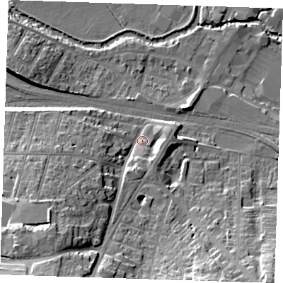 Shaded relief map of the ground around TN92SN, computed from Environment Agency LiDAR. The ground here sits at about 26 m above sea level and falls 22 m across the surrounding 800 m. Surface water reaching this point runs off ground lying to the south-west, 16.2 m higher.