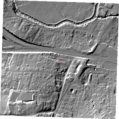 Shaded relief map of the ground around TN92SR, computed from Environment Agency LiDAR. The ground here sits at about 26 m above sea level and falls 21 m across the surrounding 800 m. Surface water reaching this point runs off ground lying to the south-west, 13.3 m higher.