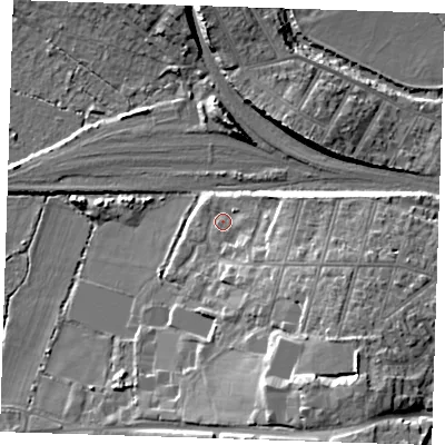 Shaded relief map of the ground around TN92UE, computed from Environment Agency LiDAR. The ground here sits at about 28 m above sea level and falls 21 m across the surrounding 800 m. Surface water reaching this point runs off ground lying to the south-east, 3.1 m higher.
