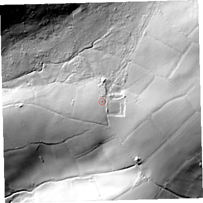 Shaded relief map of the ground around TQ109ED, computed from Environment Agency LiDAR. The ground here sits at about 270 m above sea level and falls 77 m across the surrounding 800 m. Surface water reaching this point runs off ground lying to the south-east, 1.6 m higher.