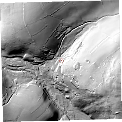 Shaded relief map of the ground around TQ109EF, computed from Environment Agency LiDAR. The ground here sits at about 199 m above sea level and falls 99 m across the surrounding 800 m. Surface water reaching this point runs off ground lying to the east, 62.5 m higher.