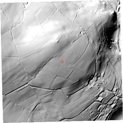 Shaded relief map of the ground around TQ109EN, computed from Environment Agency LiDAR. The ground here sits at about 225 m above sea level and falls 130 m across the surrounding 800 m. Surface water reaching this point runs off ground lying to the north-west, 17.5 m higher.
