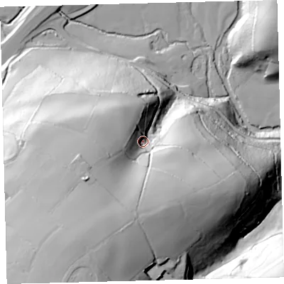 Shaded relief map of the ground around TQ109ES, computed from Environment Agency LiDAR. The ground here sits at about 134 m above sea level and falls 92 m across the surrounding 800 m. Surface water reaching this point runs off ground lying to the south-south-west, 45.5 m higher.