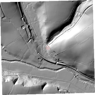 Shaded relief map of the ground around TQ109EU, computed from Environment Agency LiDAR. The ground here sits at about 84 m above sea level and falls 78 m across the surrounding 800 m. Surface water reaching this point runs off ground lying to the east-north-east, 64.2 m higher.