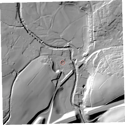 Shaded relief map of the ground around TQ109FA, computed from Environment Agency LiDAR. The ground here sits at about 98 m above sea level and falls 51 m across the surrounding 800 m. Surface water reaching this point runs off ground lying to the south-west, 23.9 m higher.