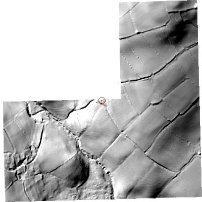 Shaded relief map of the ground around TQ109HN, computed from Environment Agency LiDAR. The ground here sits at about 182 m above sea level and falls 113 m across the surrounding 800 m. Surface water reaching this point runs off ground lying to the north-north-east, 70.4 m higher.