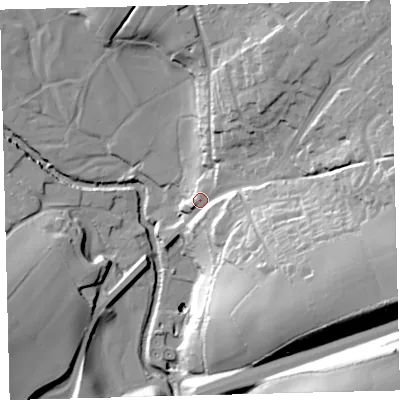 Shaded relief map of the ground around TQ109JA, computed from Environment Agency LiDAR. The ground here sits at about 106 m above sea level and falls 54 m across the surrounding 800 m. Surface water reaching this point runs off ground lying to the east-south-east, 34.0 m higher.