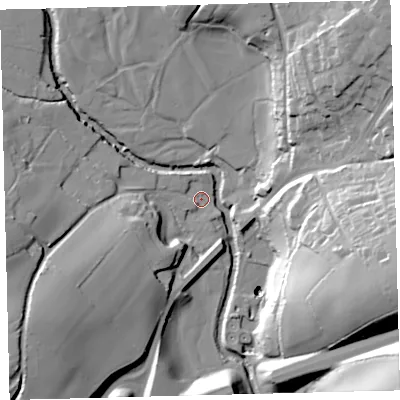 Shaded relief map of the ground around TQ109JD, computed from Environment Agency LiDAR. The ground here sits at about 98 m above sea level and falls 51 m across the surrounding 800 m. Surface water reaching this point runs off ground lying to the south-west, 22.5 m higher.