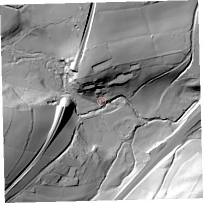 Shaded relief map of the ground around TQ109JE, computed from Environment Agency LiDAR. The ground here sits at about 108 m above sea level and falls 62 m across the surrounding 800 m. Surface water reaching this point runs off ground lying to the west-south-west, 48.8 m higher.