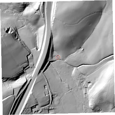 Shaded relief map of the ground around TQ109JY, computed from Environment Agency LiDAR. The ground here sits at about 114 m above sea level and falls 71 m across the surrounding 800 m. Surface water reaching this point runs off ground lying to the north-north-east, 59.9 m higher.