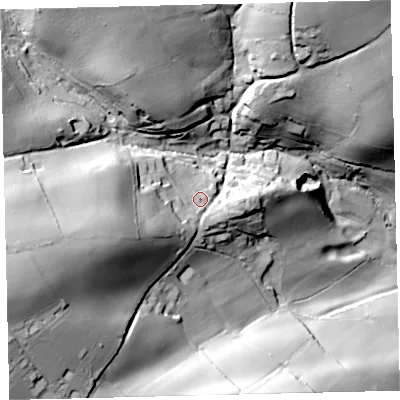 Shaded relief map of the ground around TQ109LD, computed from Environment Agency LiDAR. The ground here sits at about 125 m above sea level and falls 73 m across the surrounding 800 m. Surface water reaching this point runs off ground lying to the west-south-west, 28.7 m higher.