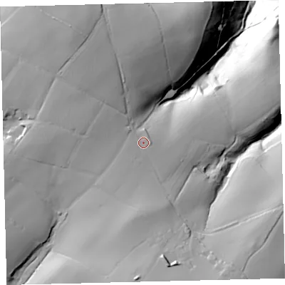 Shaded relief map of the ground around TQ109LH, computed from Environment Agency LiDAR. The ground here sits at about 174 m above sea level and falls 87 m across the surrounding 800 m. Surface water reaching this point runs off ground lying to the west-south-west, 1.8 m higher.