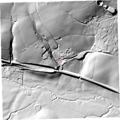 Shaded relief map of the ground around TQ109LL, computed from Environment Agency LiDAR. The ground here sits at about 106 m above sea level and falls 66 m across the surrounding 800 m. Surface water reaching this point runs off ground lying to the north-north-west, 49.3 m higher.