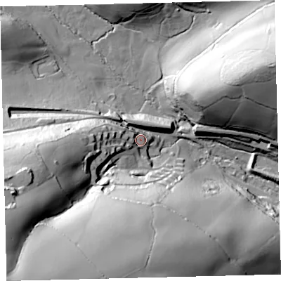 Shaded relief map of the ground around TQ109LN, computed from Environment Agency LiDAR. The ground here sits at about 112 m above sea level and falls 84 m across the surrounding 800 m. Surface water reaching this point runs off ground lying to the west, 27.8 m higher.