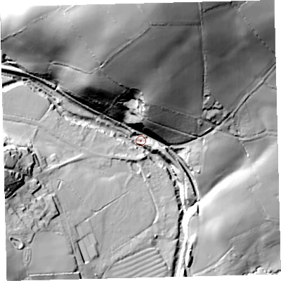 Shaded relief map of the ground around TQ109NB, computed from Environment Agency LiDAR. The ground here sits at about 76 m above sea level and falls 74 m across the surrounding 800 m. Surface water reaching this point runs off ground lying to the north, 71.4 m higher.