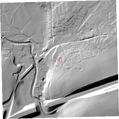 Shaded relief map of the ground around TQ109QF, computed from Environment Agency LiDAR. The ground here sits at about 120 m above sea level and falls 54 m across the surrounding 800 m. Surface water reaching this point runs off ground lying to the south-east, 14.6 m higher.
