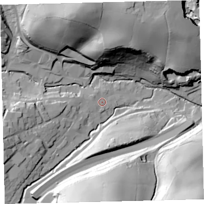 Shaded relief map of the ground around TQ110AA, computed from Environment Agency LiDAR. The ground here sits at about 39 m above sea level and falls 77 m across the surrounding 800 m. Surface water reaching this point runs off ground lying to the west, 10.3 m higher.