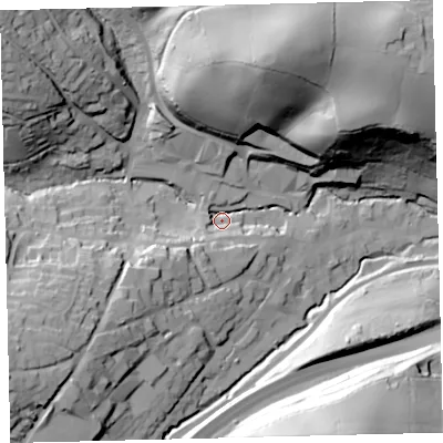 Shaded relief map of the ground around TQ110AH, computed from Environment Agency LiDAR. The ground here sits at about 41 m above sea level and falls 61 m across the surrounding 800 m. Surface water reaching this point runs off ground lying to the south-south-west, 13.7 m higher.
