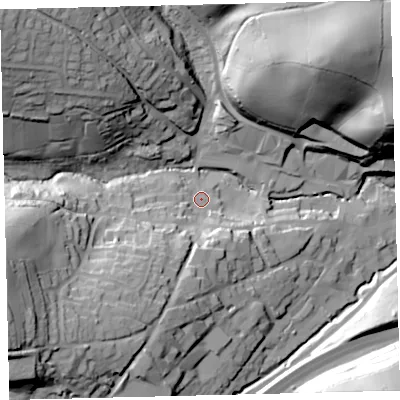 Shaded relief map of the ground around TQ110BA, computed from Environment Agency LiDAR. The ground here sits at about 43 m above sea level and falls 59 m across the surrounding 800 m. Surface water reaching this point runs off ground lying to the south-west, 51.7 m higher.